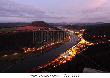 Night landscape of the Elbe with a view to Lilienstein