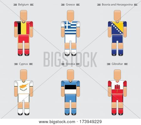 soccer (football) player flag europe uniform icon group h. belguim greece bosnia and herzegovina cyprus estonia gibraltar. vector illustration.