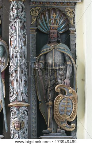 KRAPINA, CROATIA - MAY 15: Saint Ladislaus statue at the altar in the church of Saint Catherine of Alexandria in Krapina, Croatia on May 15, 2011.