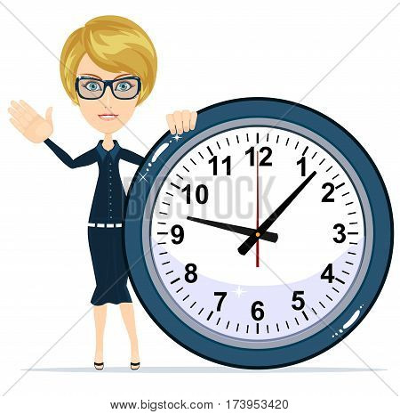 Woman Holding Clock, Time management concept with businesswoman character. Isolated on white background. Stock vector illustration