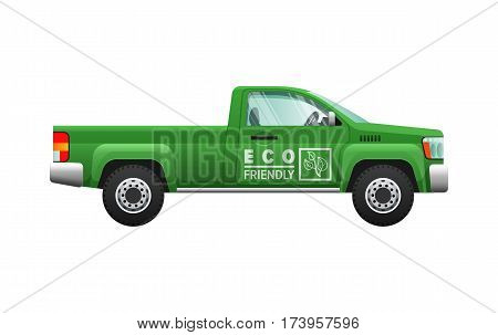 Transport. Picture of isolated green classical pickup. Ecologically clean car with two doors. Useful and cheap mean of transportation. Four-wheeled automobile in cartoon style. Flat design. Vector