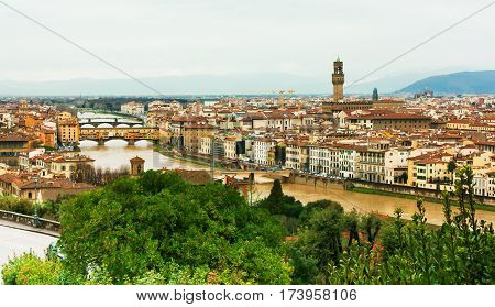 View from above of Firenze river and bridges from Piazzale Michelangelo Florence Italy