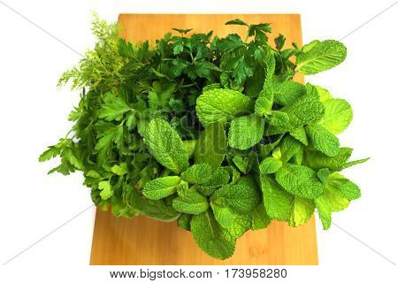 Bouquet of fresh herbs and spices on board