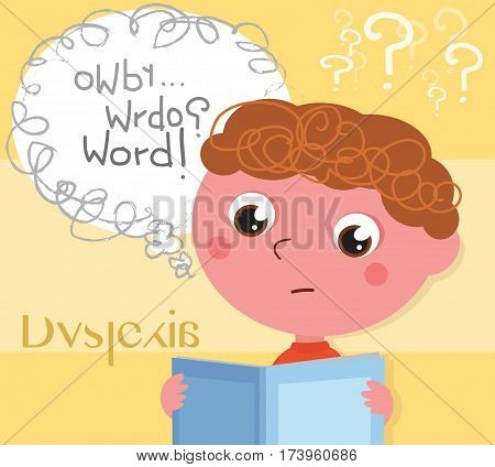 Child affected by dyslexia reading a book, digital illustration