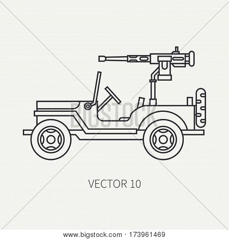 Line flat plain vector icon armed open body army pickup. Military vehicle. Cartoon vintage style. Machine gun. Mobile weapon emplacement. Tractor unit. Tow auto. Illustration and element for design.