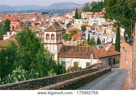 View from the observation deck Mirador de la Lona of the old town and the roof of Granada, Andalusia, Spain