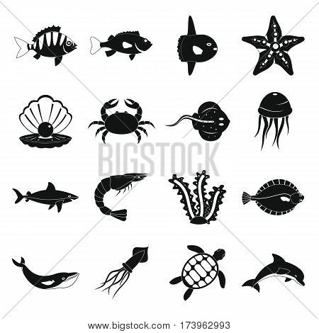Sea animals icons set. Simple illustration of 16 sea animals vector icons for web