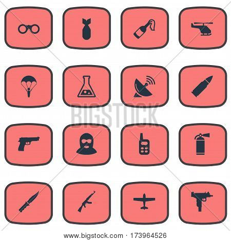 Set Of 16 Simple Army Icons. Can Be Found Such Elements As Chemistry, Extinguisher, Terrorist And Other.