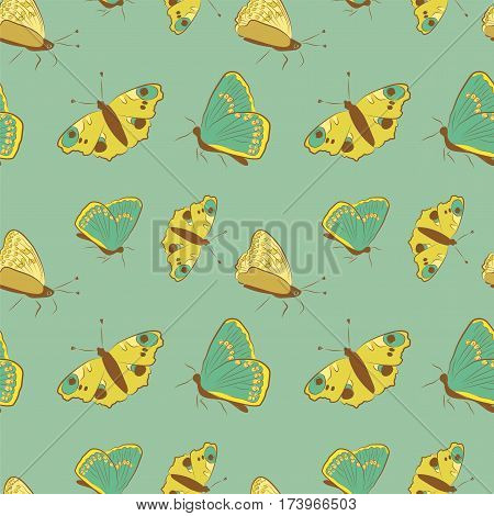 Seamless pattern with beautiful butterflies in yellow and blue colors. Vector illustration for your design.