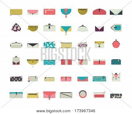 Vector set with stylish vogue purses and clutches for women in simple flat style. Design collection in different decoration styles in bright colors. Blue green and pink pouches and wallets icons.