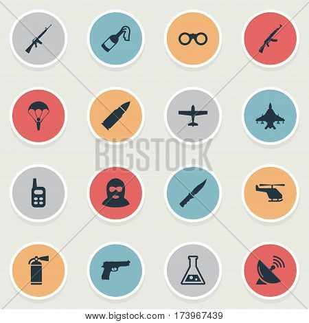 Set Of 16 Simple War Icons. Can Be Found Such Elements As Sky Force, Chemistry, Cold Weapon And Other.