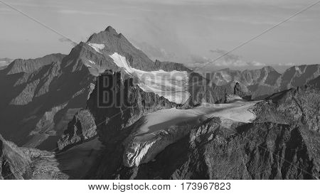 Mountain peaks and glacier in Switzerland view from mount Titlis.