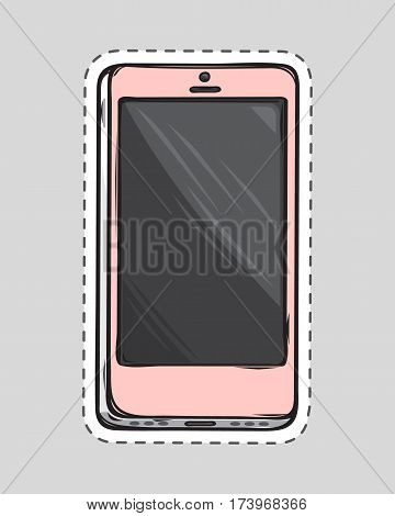 Mobile phone patch. Cut it out of paper. Dashed lines. Portable cell phone. Personal phone.. Connection device. White smartphone. Editable items in flat style. Accessories for work in office. Vector
