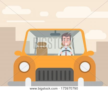 The manager went to the car to work. Vector illustration in a flat style