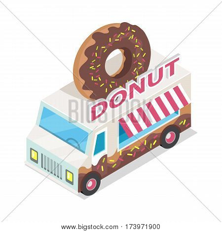 Donut trolley in isometric projection style design icon. Street fast food concept. Food truck with umbrella illustration. Isolated on white background. Doughnut mobile shop. Vector illustration
