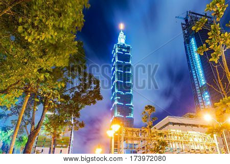 TAIPEI TAIWAN - DECEMBER 31: This is a night view of Taipei 101 and Xinyi financial district buildings on New Years Eve on December 31 2016 in Taipei