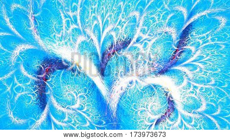 Frostwork. Magical tree of life. 3D surreal illustration. Sacred geometry. Mysterious psychedelic relaxation pattern. Fractal abstract texture. Digital artwork graphic astrology magic
