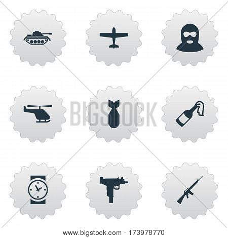 Set Of 9 Simple Battle Icons. Can Be Found Such Elements As Terrorist, Watch, Air Bomber And Other.