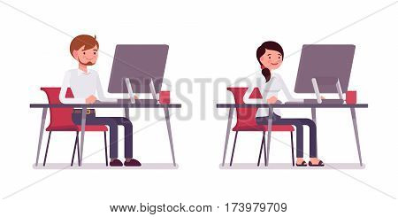 Set of young smiling male and happy female clerk in smart formal wear, sitting at the desk, working at monoblock, friendly office environment, coworking space, full length, isolated, white background