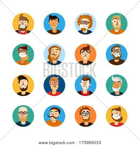 Men faces expressing different emotions colorful userpic set isolated on white background cartoon vector illustration