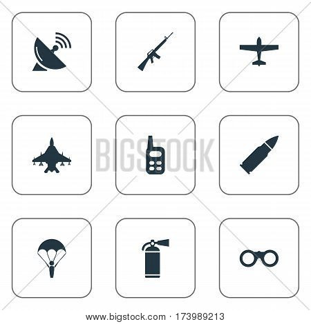 Set Of 9 Simple War Icons. Can Be Found Such Elements As Walkies, Extinguisher, Rifle Gun And Other.
