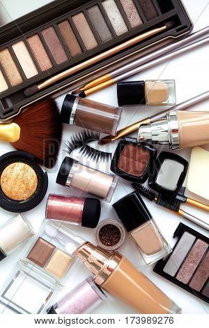 Makeup Tools And Accessories. Brow Eyeshadows, Naturel Skin Foundation For Clean Ton Face, Nail Poli