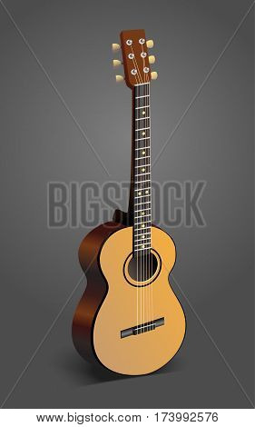 Yellow classic guitar on gray background.  Acoustic instrument.
