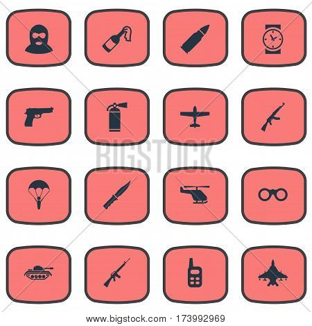 Set Of 16 Simple Military Icons. Can Be Found Such Elements As Heavy Weapon, Rifle Gun, Air Bomber And Other.