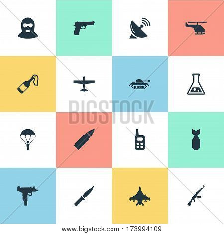 Set Of 16 Simple Military Icons. Can Be Found Such Elements As Kalashnikov, Nuke, Ammunition And Other.