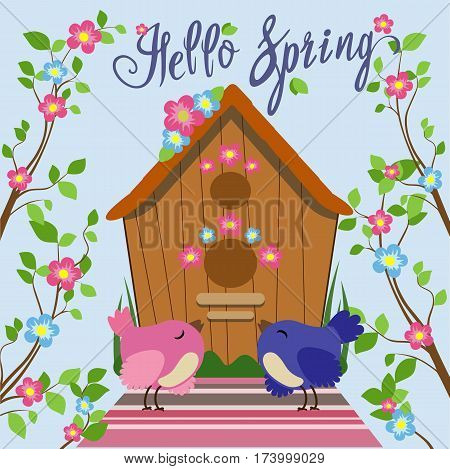 Color illustration of birds in a flat style among the branches with leaves and flowers near a birdhouse. Vector set of colorful cartoon birds.