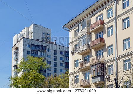 Twelve-storey block residential building and a six-story brick apartment building in Moscow