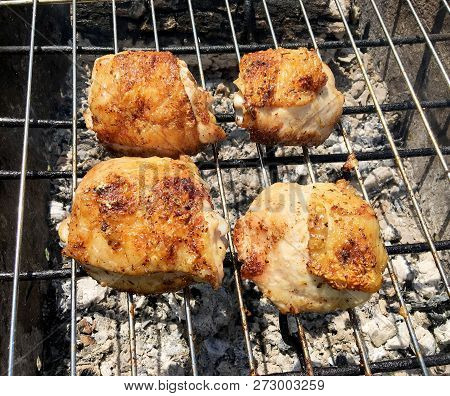 Beautiful Tasty Food From Slice Grilled Chicken Meats, Roast On Metal Brazier. Meat Of Bird With Cri