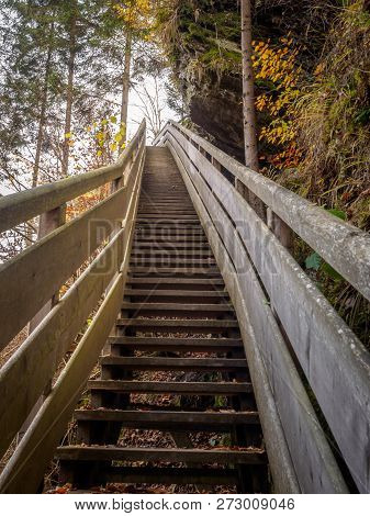 Stairs At The Gainberg Waterfall In Bischofshofen In Autumn