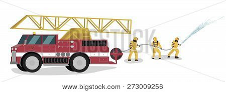 Vector Illustration Cartoon Fire Extinguishing. A Group Man Firefighters Extinguish Fire With Water 