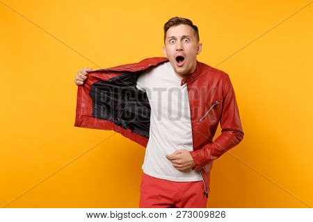 Portrait Vogue Shocked Handsome Young Man 25-30 Years In Red Leather Jacket, T-shirt Standing Isolat