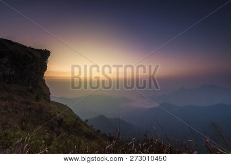 Landscape View On Top Of Mountain Phu Chi Fah With Sunrise