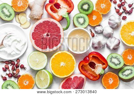 Immunity  Boosting Food Set On A Light Background . Healthy Lifestyle Concept, Winter Prevention Of 