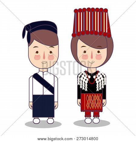 Kachin Myanmar Traditional National Clothes South East Asia. Set Of Cartoon Characters In Traditiona