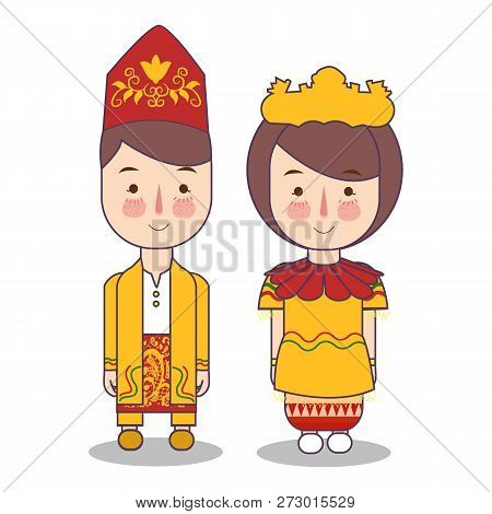 South Kalimantan Traditional National Clothes Of Indonesia. Set Of Cartoon Characters In Traditional