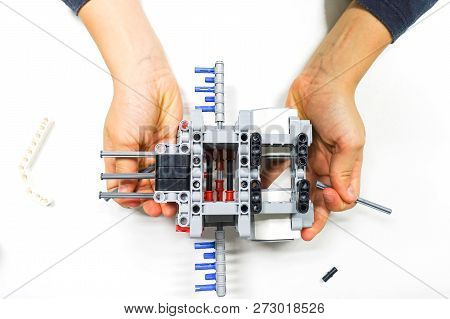 Vilnius, Lithuania - November 23, 2018: Kid Making Lego Robot Mindstorms. Robotic, Learning, Technol