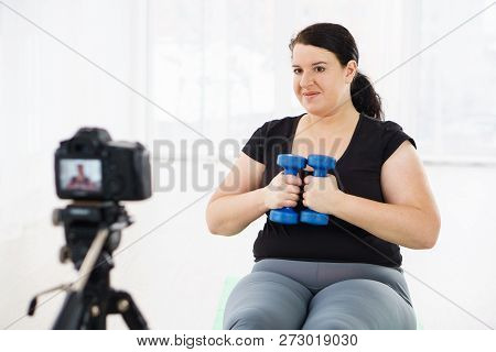 Fitness Trainer, Internet Sporting Class, Training Online Video Course. Overweight Blogger Recording