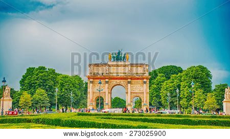Paris, France-june 1, 2016 : Triumphal Arch Arc De Triomphe Du Carrousel At Tuileries Gardens In Par