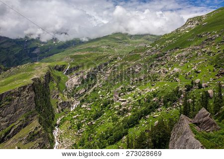 View from Rohtang pass at beautiful green valley, Himachal Pradesh, India