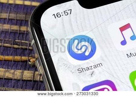 Sankt-petersburg, Russia, December 5, 2018: Shazam Application Icon On Apple Iphone X Screen Close-u