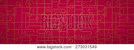 Geometric Background Made Of Lines And Circles. Red Backdrop With Stripes And Round Dotted Tracery. 