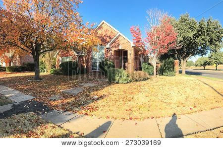 Panoramic Typical Entrance Of American House In Fall Season With Colorful Tree
