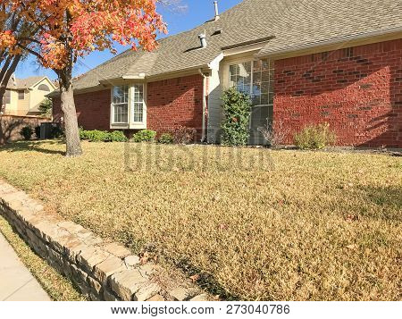 Colorful Backyard Of American House With High Retaining Wall In Fall Season Near Dallas