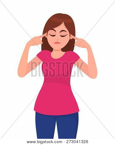 Young Woman Covering Ears With Hands. Girl Plugs His Ears With His Fingers While Closed Eyes. Fear O