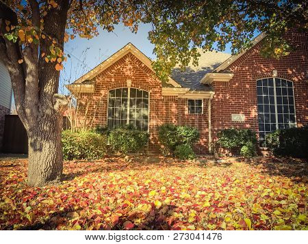 Filtered Image Typical Entrance Of American House In Fall Season With Colorful Tree