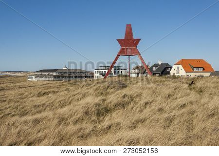 Coast Of North Sea And Red Monument In Lokken - Denmark.